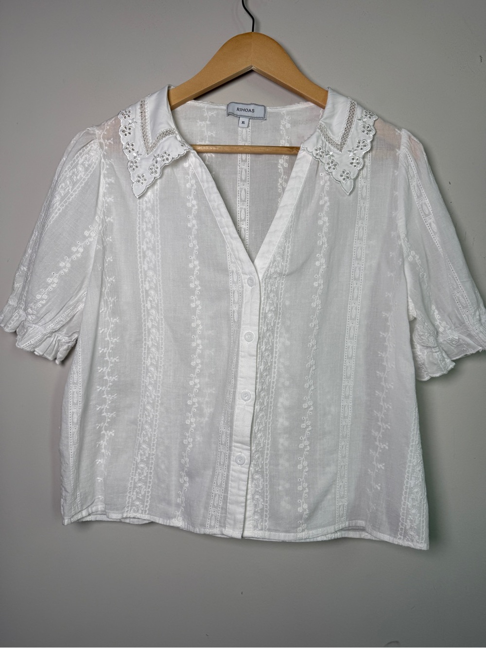RIHOAS Embroidered Eyelet Collar Puff Sleeve Blouse White Sz XL